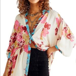 Free People Floral Kimono Top - Pink and Blue